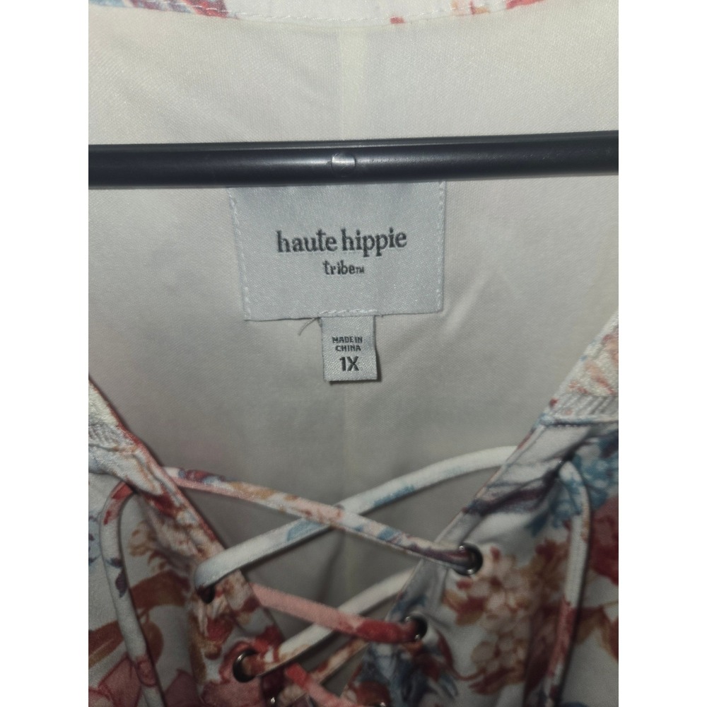 Haute Hippie Tribe Womens 1X Floral Lace-Up Boho Tunic Dress High Low Peach Blue - Picture 4 of 5